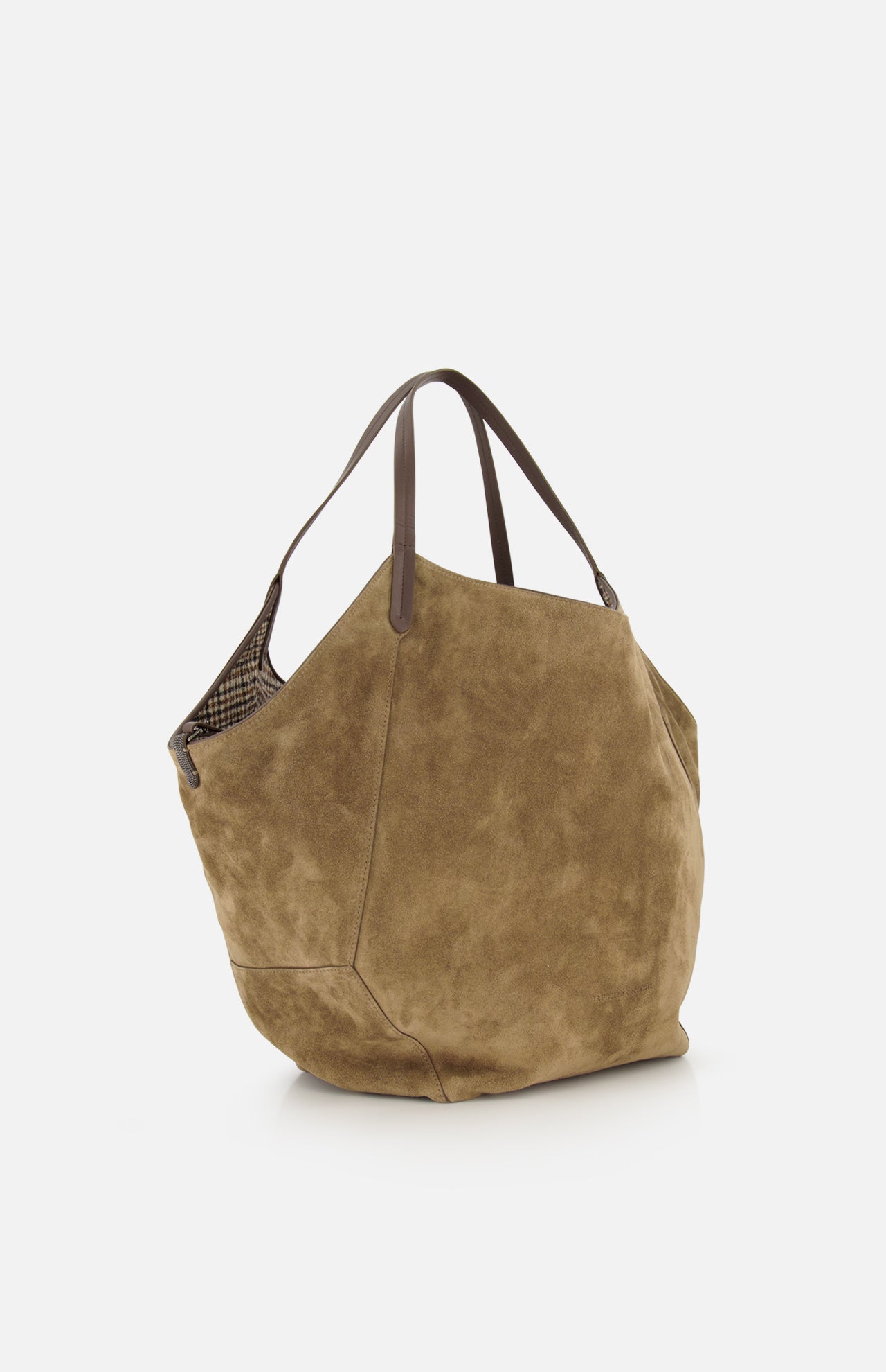Brunello Cucinelli Wool Check & Suede Large Reversible Bag in brown suede with two thin leather handles and a visible Prince of Wales pattern wool interior.