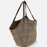 Brunello Cucinelli Wool Check & Suede Large Reversible Bag featuring a brown Prince of Wales pattern on one side, brown suede on the other, and two thin shoulder straps.