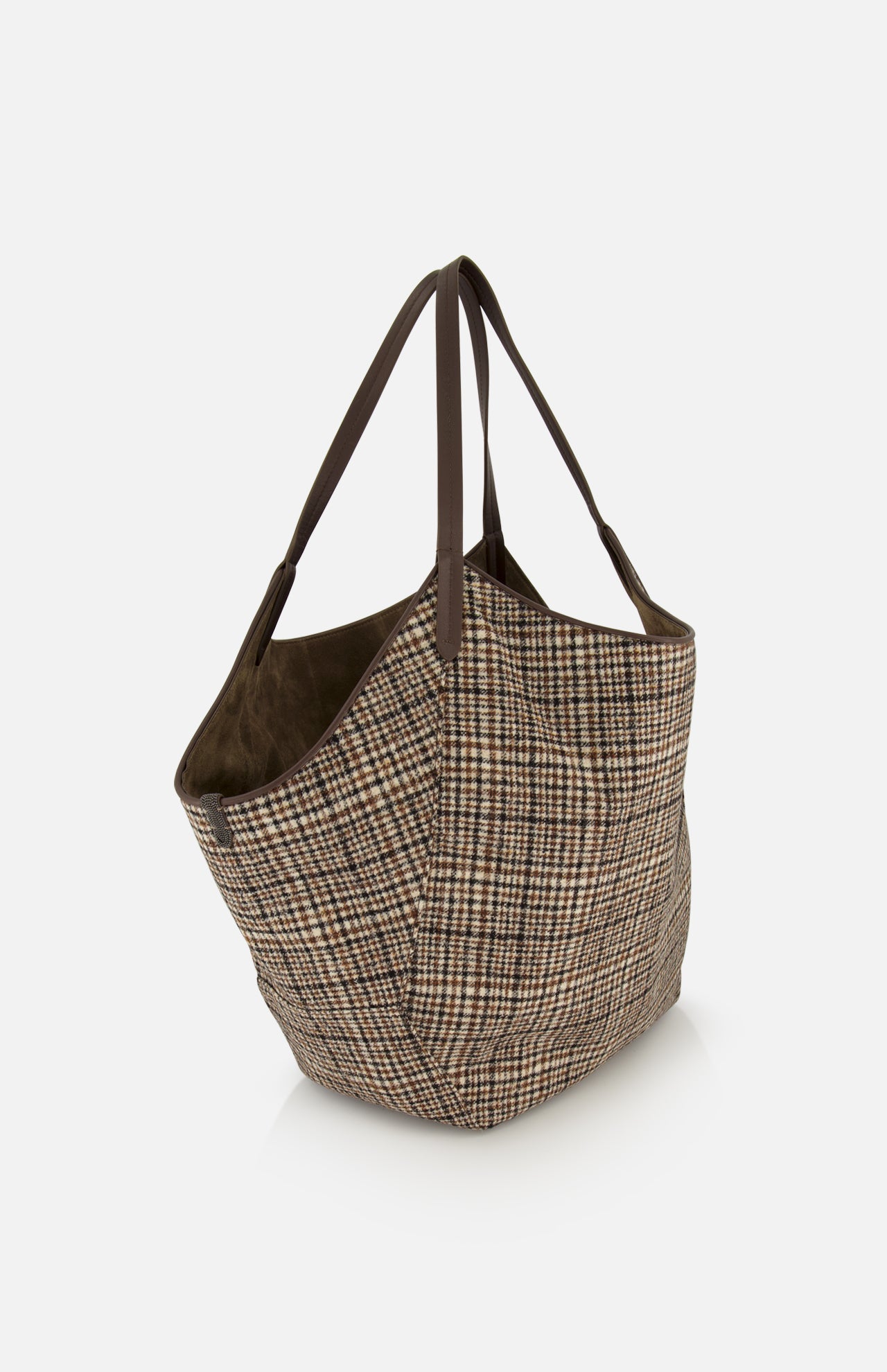 Brunello Cucinelli Wool Check & Suede Large Reversible Bag featuring a brown Prince of Wales pattern on one side, brown suede on the other, and two thin shoulder straps.