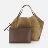 Large brown suede reversible Wool Check & Suede Large Reversible Bag by BRUNELLO CUCINELLI with thin handles and an attached small zippered pouch.
