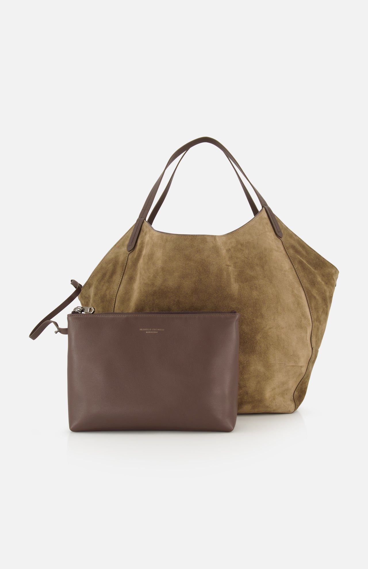 Large brown suede reversible Wool Check & Suede Large Reversible Bag by BRUNELLO CUCINELLI with thin handles and an attached small zippered pouch.
