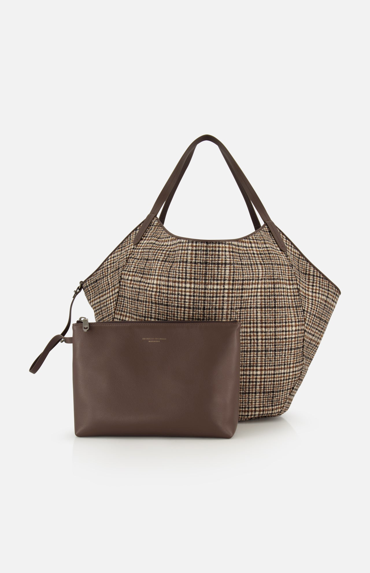 A large brown-and-white Wool Check & Suede Large Reversible Bag by BRUNELLO CUCINELLI featuring leather handles, paired with a matching dark brown leather zippered pouch.