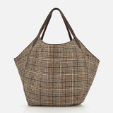 Brunello Cucinelli Wool Check & Suede Large Reversible Bag in a brown and tan Prince of Wales pattern with dark leather handles.