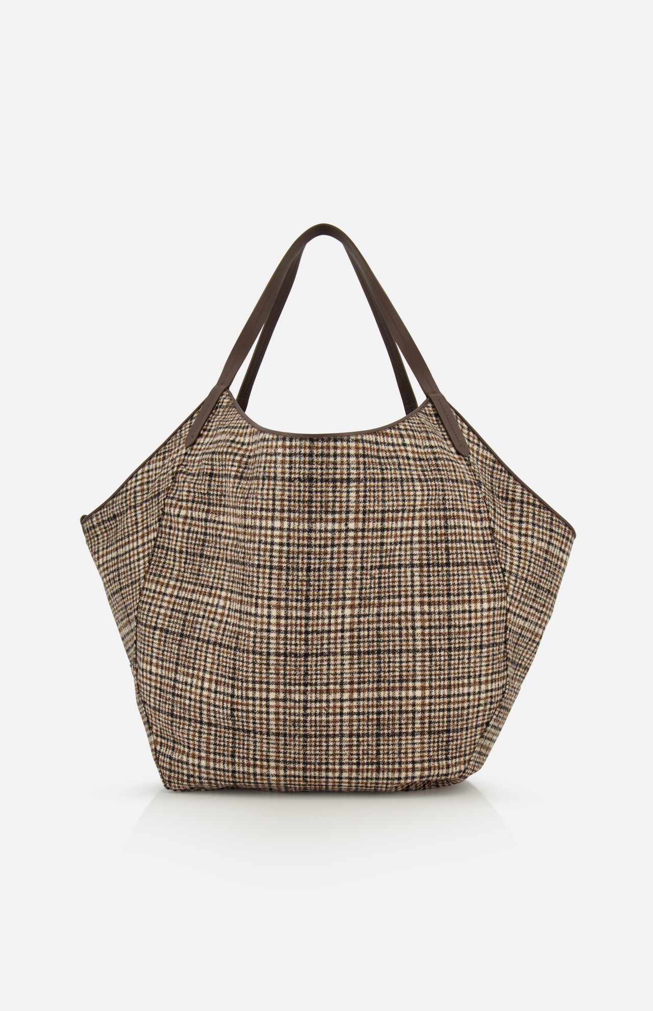 Brunello Cucinelli Wool Check & Suede Large Reversible Bag in a brown and tan Prince of Wales pattern with dark leather handles.