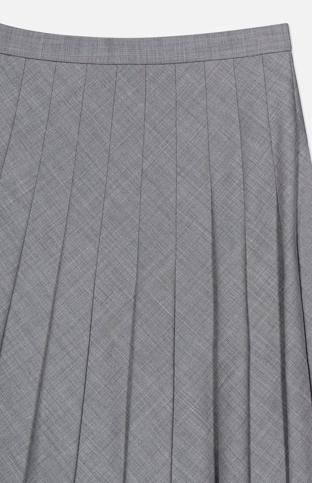 The BRUNELLO CUCINELLI Wool Contemporary Pleated Skirt is crafted from smooth gray fabric featuring a subtle crosshatch pattern. Shown from waist to hem, this classic office style displays evenly spaced vertical pleats for a polished and versatile look.