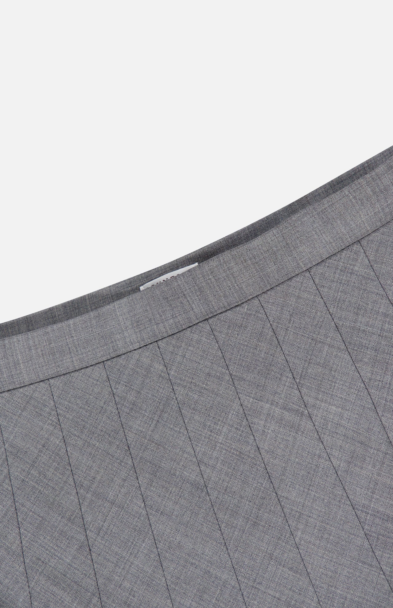 Close-up of the BRUNELLO CUCINELLI Wool Contemporary Pleated Skirt in grey, highlighting the waistband and intricate diagonal pleats against a white background—a refined choice for an elegant office look.