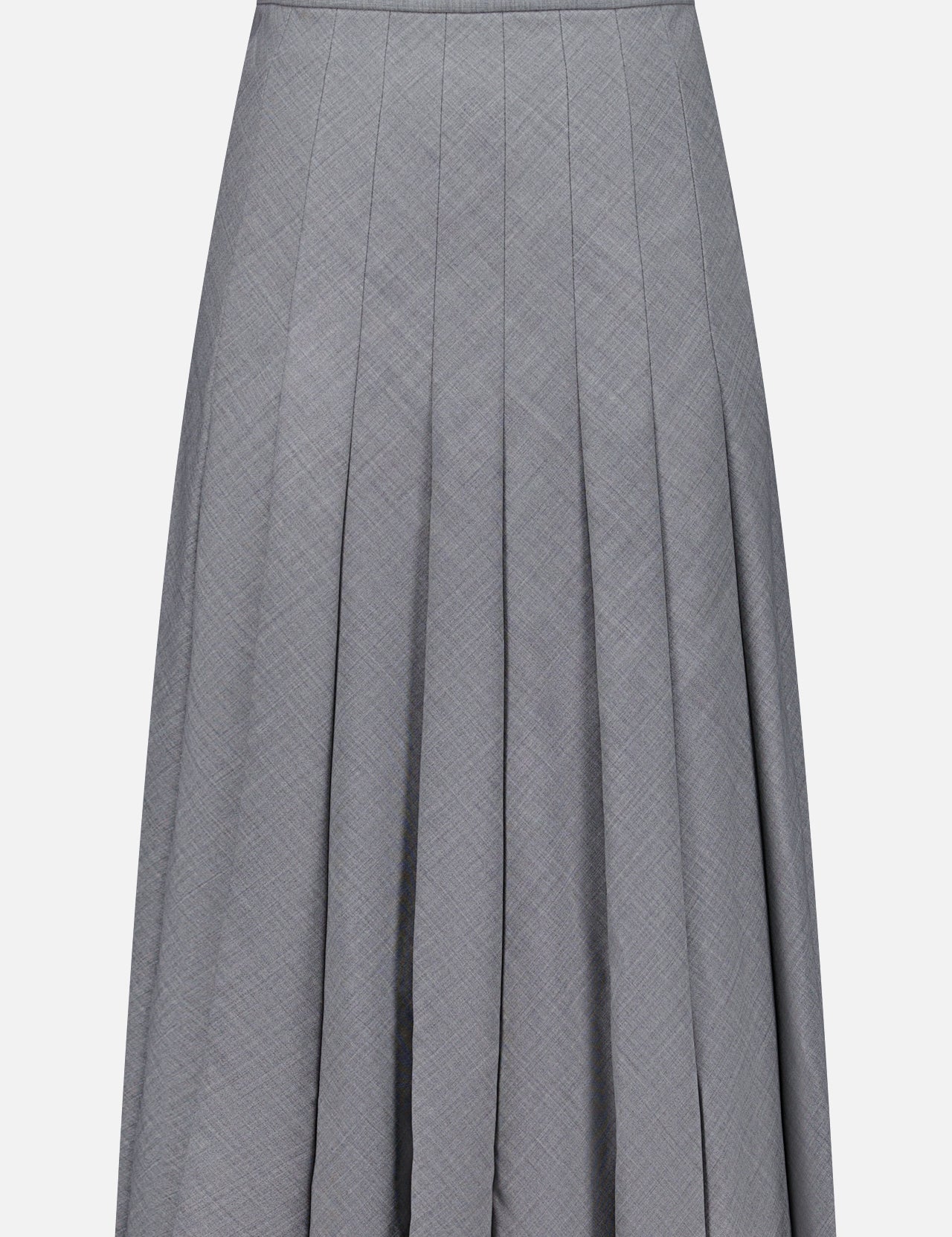 The Wool Contemporary Pleated Skirt by BRUNELLO CUCINELLI features a subtle checkered pattern in gray, is knee-length, and crafted from lightweight fabric. Designed with a fitted waistband and gentle flare towards the hem, this skirt is an ideal choice for the office.