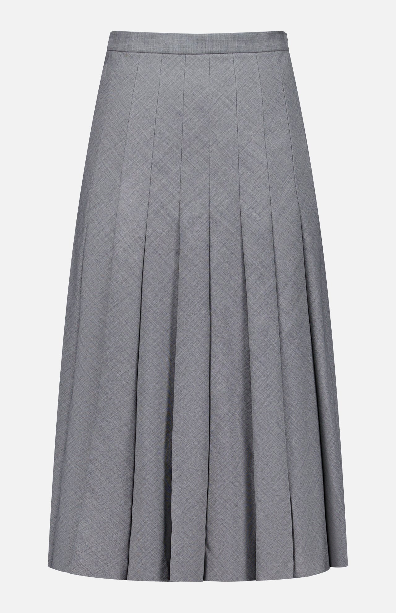 The Wool Contemporary Pleated Skirt by BRUNELLO CUCINELLI features a subtle checkered pattern in gray, is knee-length, and crafted from lightweight fabric. Designed with a fitted waistband and gentle flare towards the hem, this skirt is an ideal choice for the office.