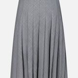 The Wool Contemporary Pleated Skirt by BRUNELLO CUCINELLI is a knee-length, grey wool skirt featuring elegant pleats and a subtle checkered pattern, making it perfect for the office. Displayed against a plain white background.