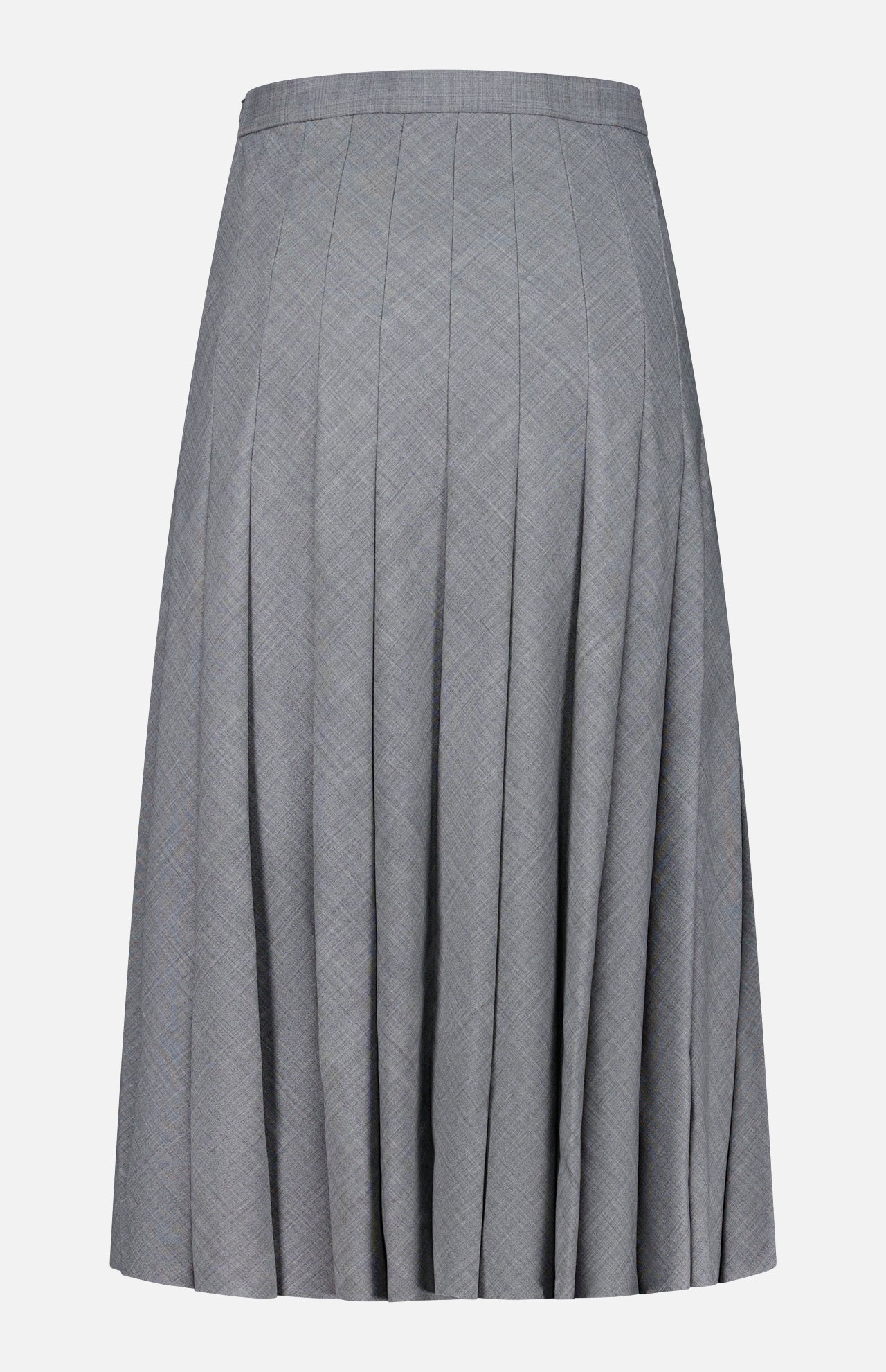 The Wool Contemporary Pleated Skirt by BRUNELLO CUCINELLI is a knee-length, grey wool skirt featuring elegant pleats and a subtle checkered pattern, making it perfect for the office. Displayed against a plain white background.