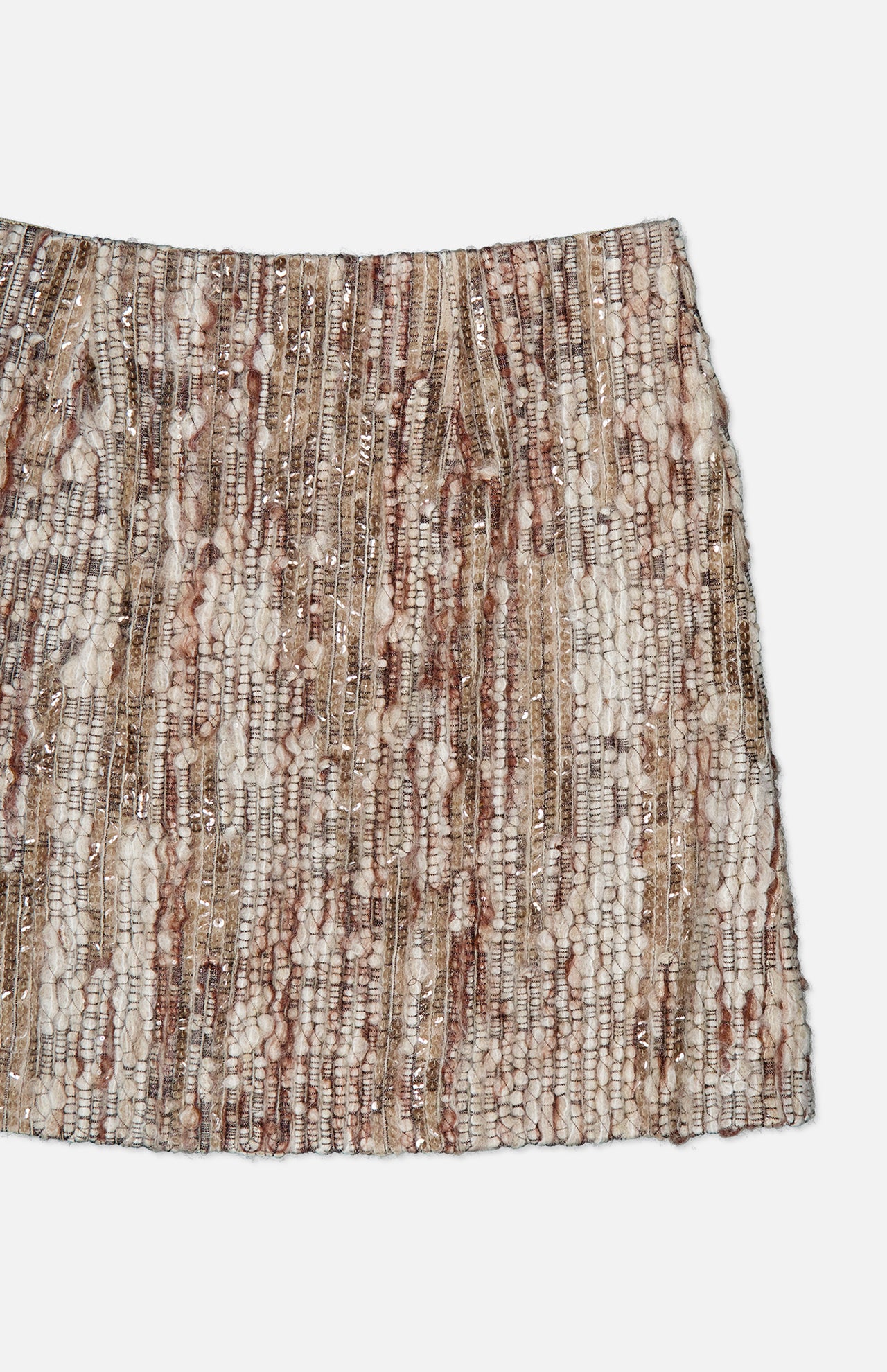 A close-up of the BRUNELLO CUCINELLI Wool Diamante Boucle Tweed Mini Skirt, crafted in Italy, showcases a woven blend of cream, beige, and brown tones with shimmering metallic accents. The boucle tweed fabric features intricate sequin embroidery for added detail.