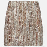 The Wool Diamante Boucle Tweed Mini Skirt by BRUNELLO CUCINELLI showcases a textured beige tweed woven with beige, brown, and white tones, highlighted by shimmering metallic threads and intricate sequin embroidery. Elegantly displayed against a plain white background, this exquisite piece is expertly crafted in Italy.