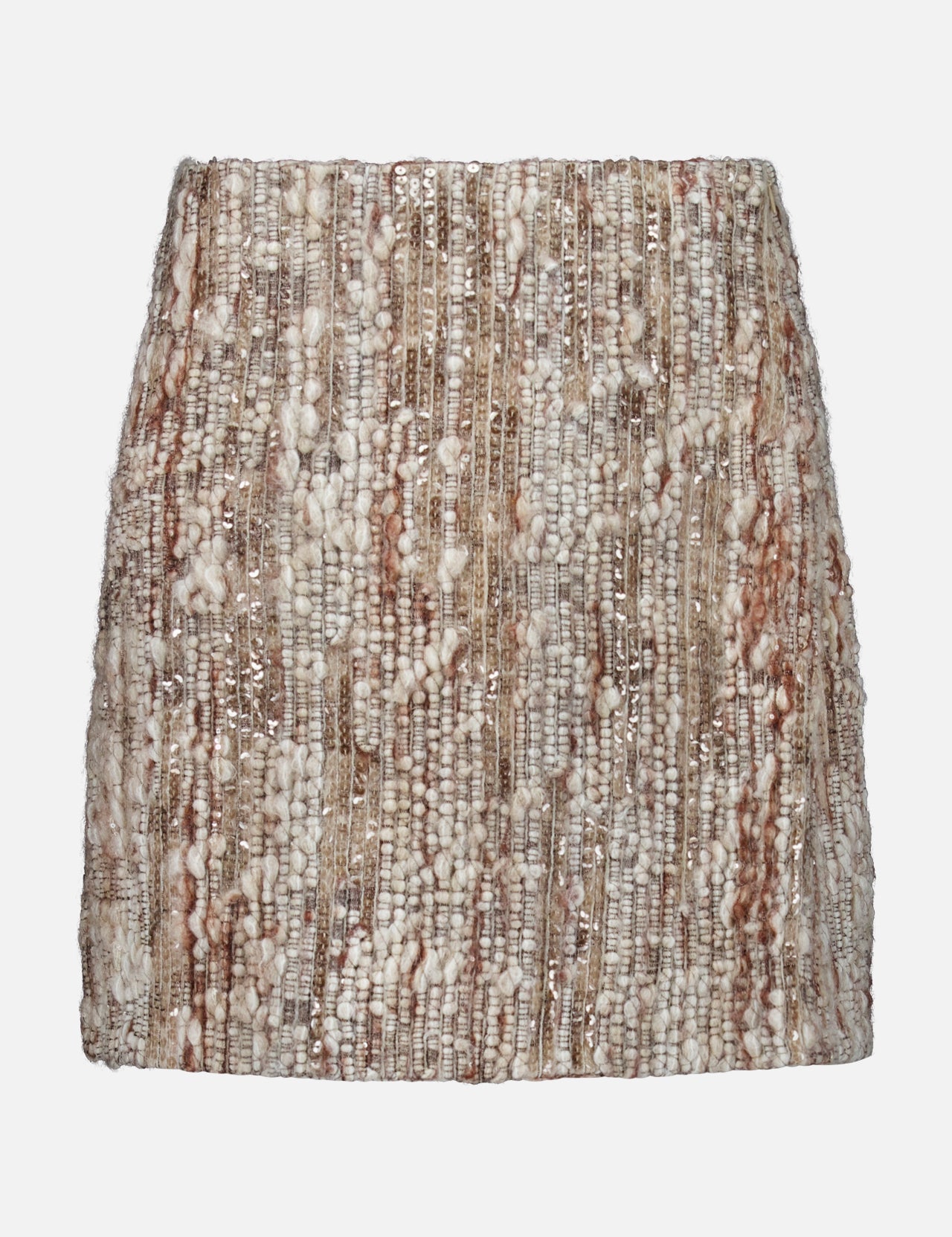 The Wool Diamante Boucle Tweed Mini Skirt by BRUNELLO CUCINELLI showcases a textured beige tweed woven with beige, brown, and white tones, highlighted by shimmering metallic threads and intricate sequin embroidery. Elegantly displayed against a plain white background, this exquisite piece is expertly crafted in Italy.