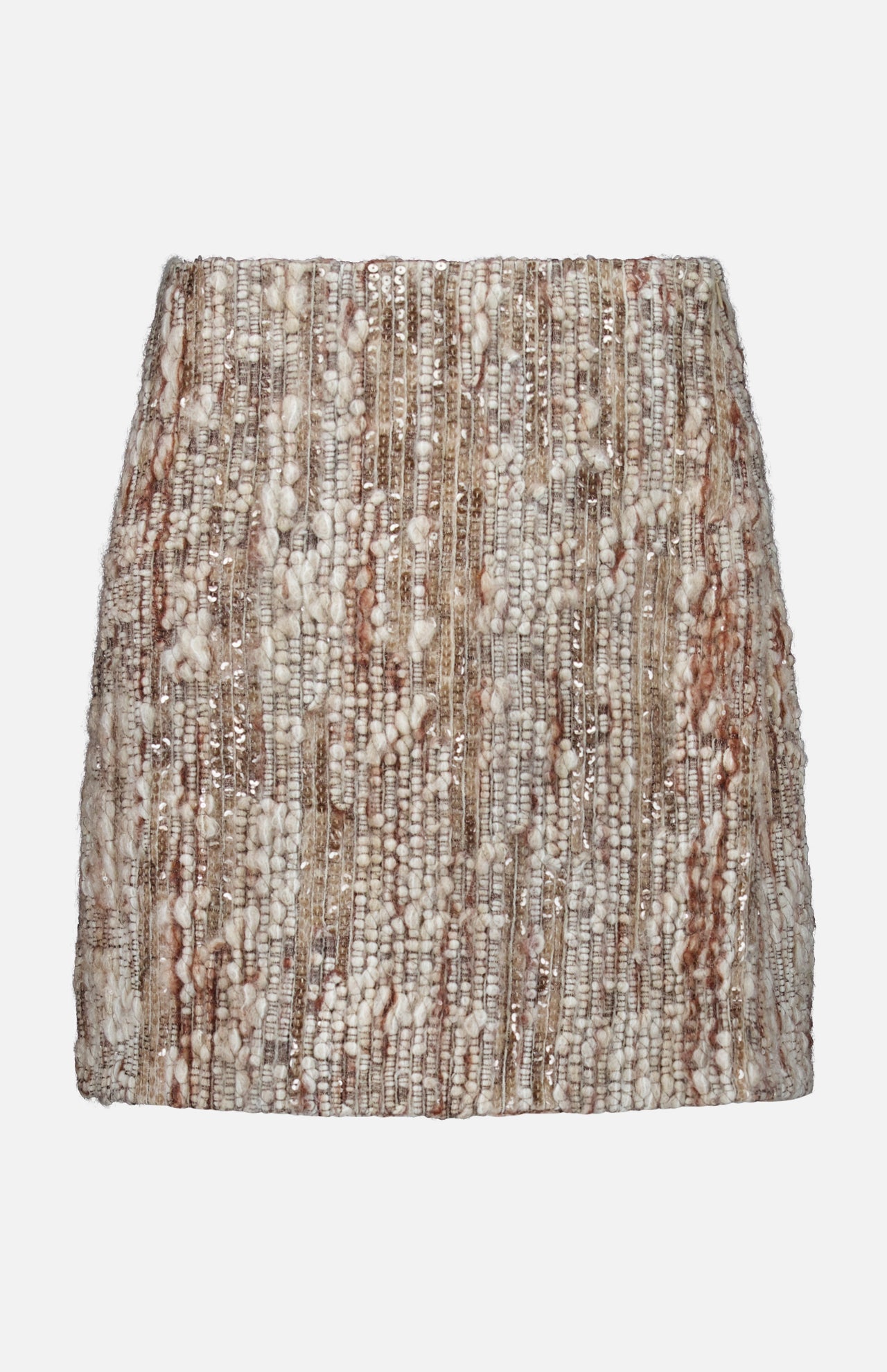 The Wool Diamante Boucle Tweed Mini Skirt by BRUNELLO CUCINELLI showcases a textured beige tweed woven with beige, brown, and white tones, highlighted by shimmering metallic threads and intricate sequin embroidery. Elegantly displayed against a plain white background, this exquisite piece is expertly crafted in Italy.
