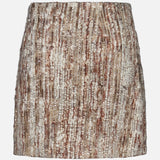 The BRUNELLO CUCINELLI Wool Diamante Boucle Tweed Mini Skirt is a straight-cut, short skirt crafted in Italy, showcasing a textured boucle tweed pattern in beige, brown, and gold tones with metallic accents and delicate sequin embroidery. It is displayed against a plain white background.