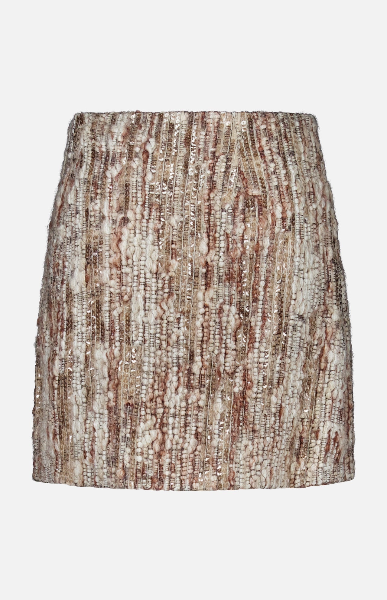 The BRUNELLO CUCINELLI Wool Diamante Boucle Tweed Mini Skirt is a straight-cut, short skirt crafted in Italy, showcasing a textured boucle tweed pattern in beige, brown, and gold tones with metallic accents and delicate sequin embroidery. It is displayed against a plain white background.