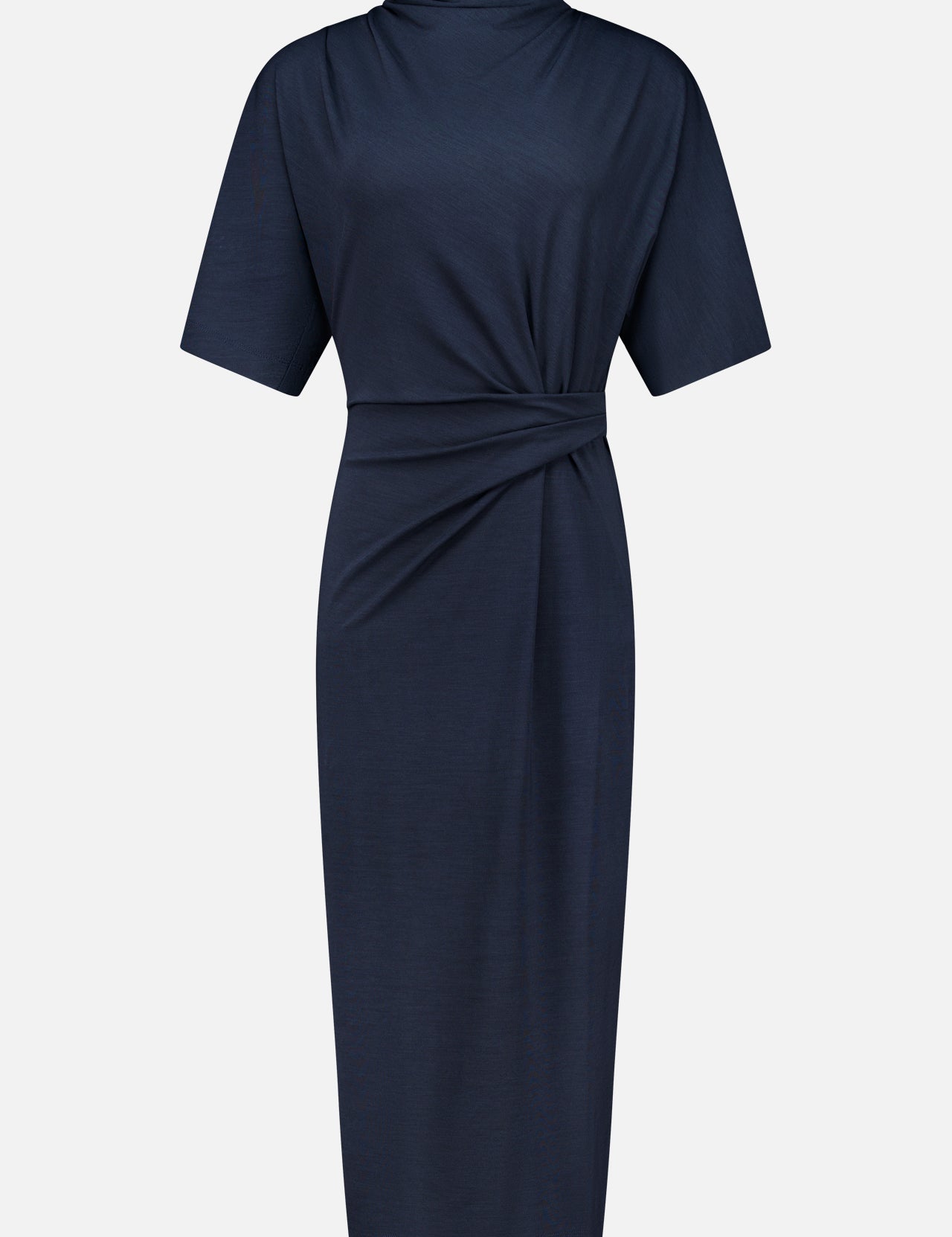 BRUNELLO CUCINELLI’s Wool Jersey Wrap Dress in navy features a knee-length silhouette with short sleeves, a high neckline, and a gathered twist detail at the waist. Simple yet refined, this elegant dress is displayed against a plain white background.