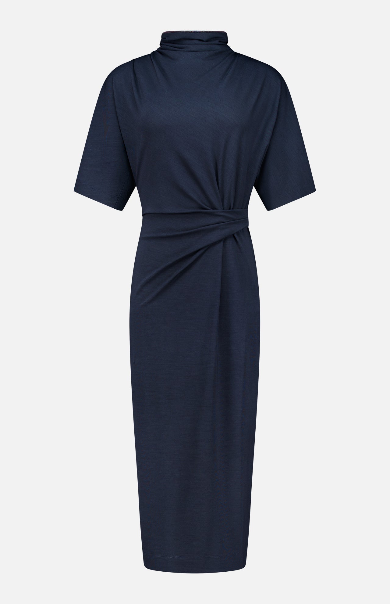 BRUNELLO CUCINELLI’s Wool Jersey Wrap Dress in navy features a knee-length silhouette with short sleeves, a high neckline, and a gathered twist detail at the waist. Simple yet refined, this elegant dress is displayed against a plain white background.