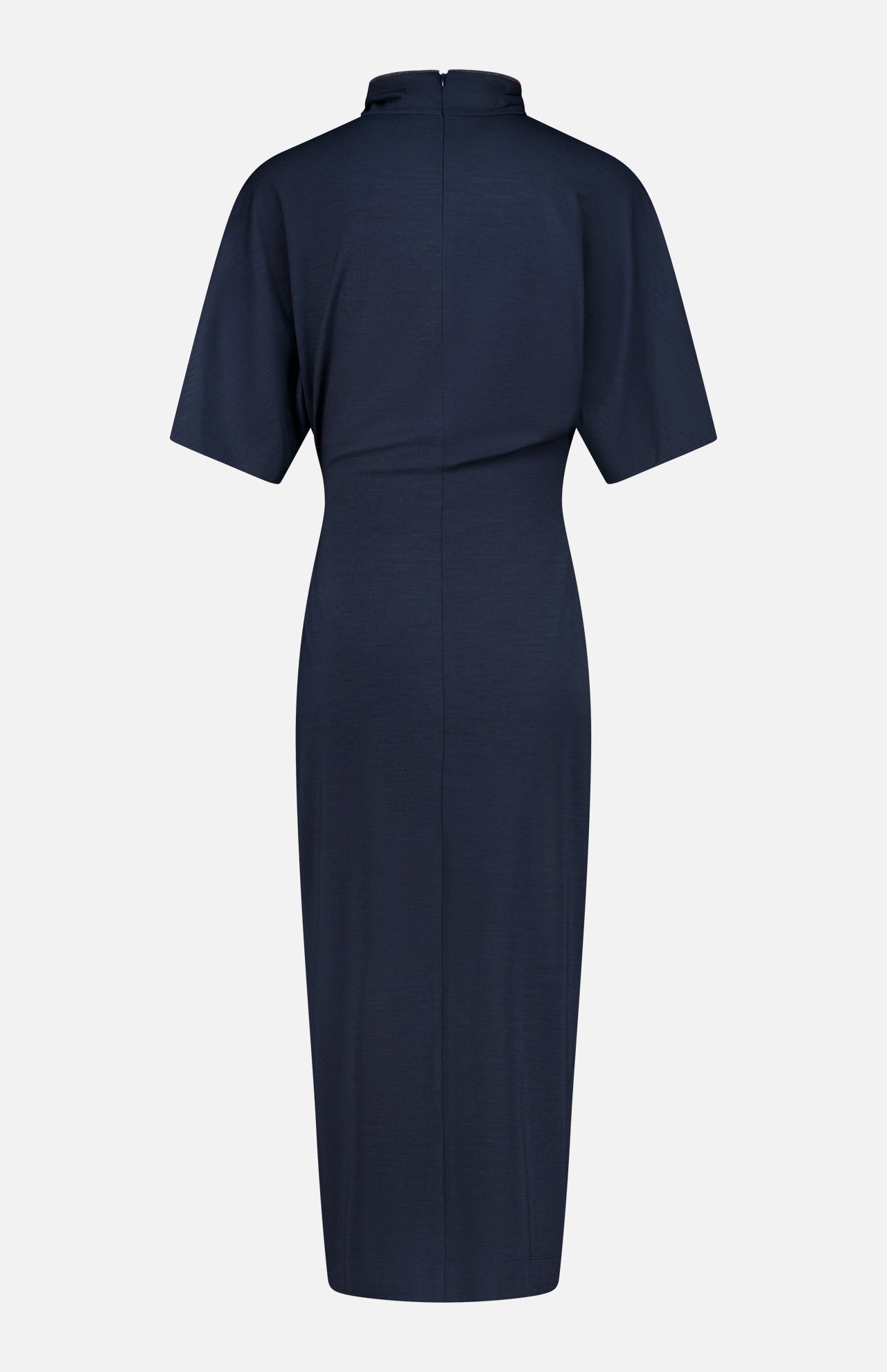 Back view of the BRUNELLO CUCINELLI Wool Jersey Wrap Dress in navy blue, knee-length with short sleeves, a high neckline, and a visible center-back seam. Crafted from smooth, slightly structured wool jersey, this refined dress is perfect for any formal occasion.
