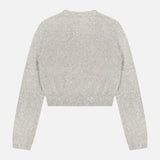 The BRUNELLO CUCINELLI Wool Mohair Pailette Crewneck Sweater is a long-sleeve, cropped silver top with light gray glitter-textured fabric and subtle sequin embellishments, shown against a plain white background.