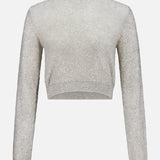 The Wool Mohair Pailette Crewneck Sweater by BRUNELLO CUCINELLI is a silver, Italian-crafted, long-sleeve cropped piece with a ribbed crew neckline, cuffs, and hem, shown on a plain white background.