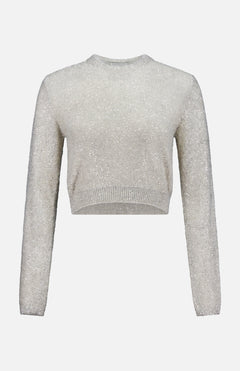 The Wool Mohair Pailette Crewneck Sweater by BRUNELLO CUCINELLI is a silver, Italian-crafted, long-sleeve cropped piece with a ribbed crew neckline, cuffs, and hem, shown on a plain white background.