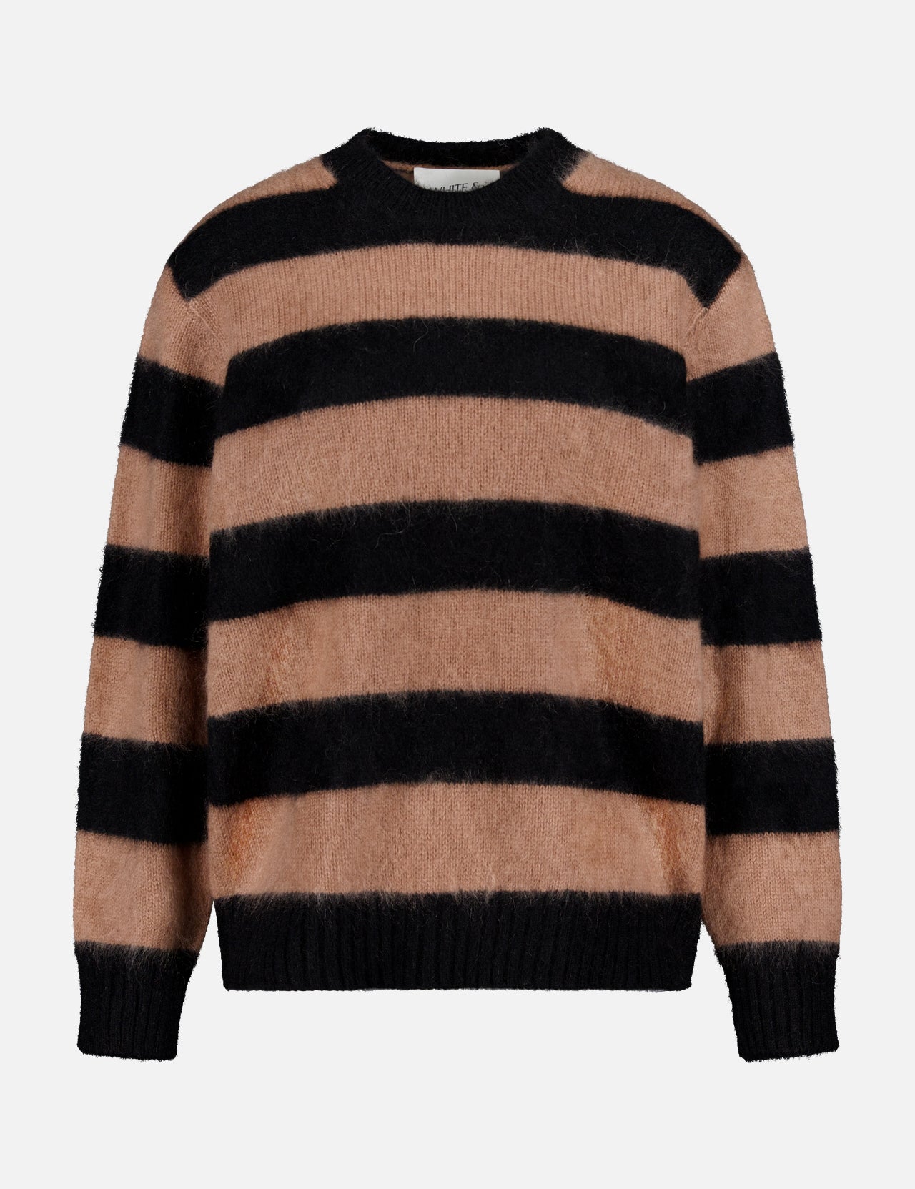 The Brushed Cashmere Striped Crewneck Sweater by WHITE + WARREN features soft black and tan stripes with ribbed cuffs and hem for a timeless pullover style.