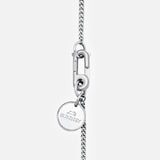 The BUNNEY Chain with Hook & Coin Necklace 60cm is a sterling silver piece with a rectangular clasp and round pendant engraved with "BUNNEY" and a bunny image, shown on a light grey background.