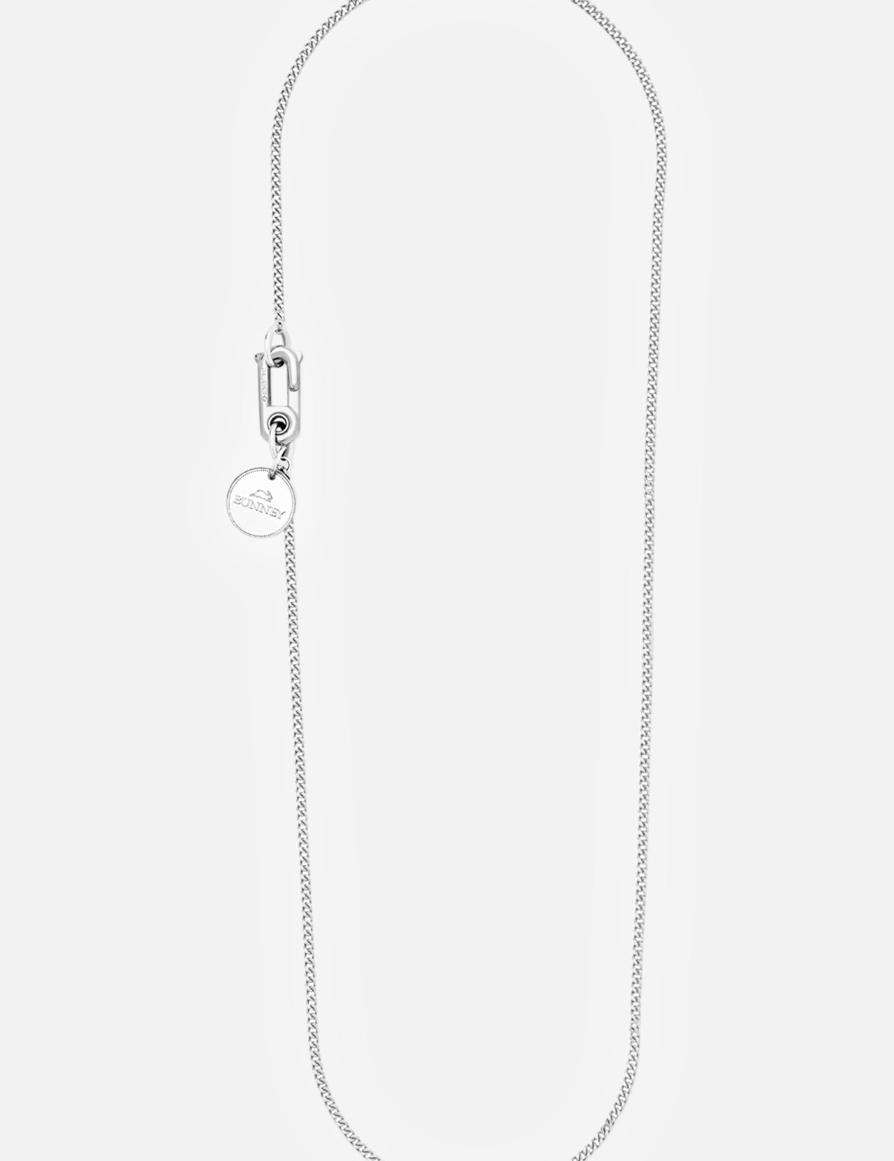 The BUNNEY Chain with Hook & Coin Necklace 60cm is a slim sterling silver chain with a small round pendant and rectangular clasp, shown on a plain white background.