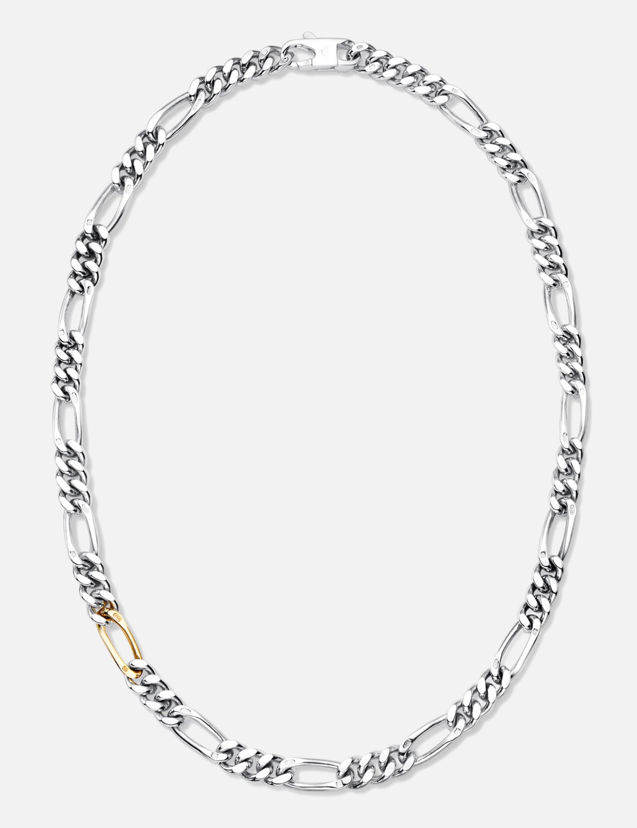The BUNNEY Figaro Chain Necklace with Gold Link 22" showcases large sterling silver links and a single standout gold link, elegantly displayed against a plain white background.