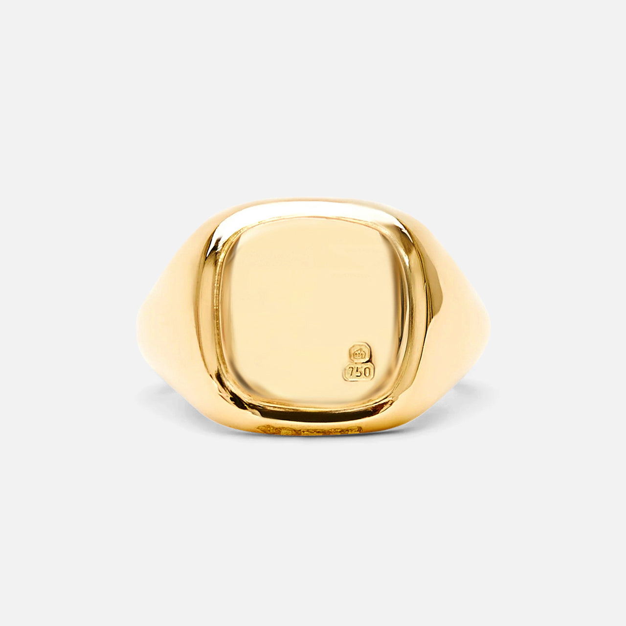 The BUNNEY Mini Cushion Signet Ring, crafted in yellow gold with a smooth, square-shaped face and a subtle hallmark near the edge, is displayed against a plain light background.