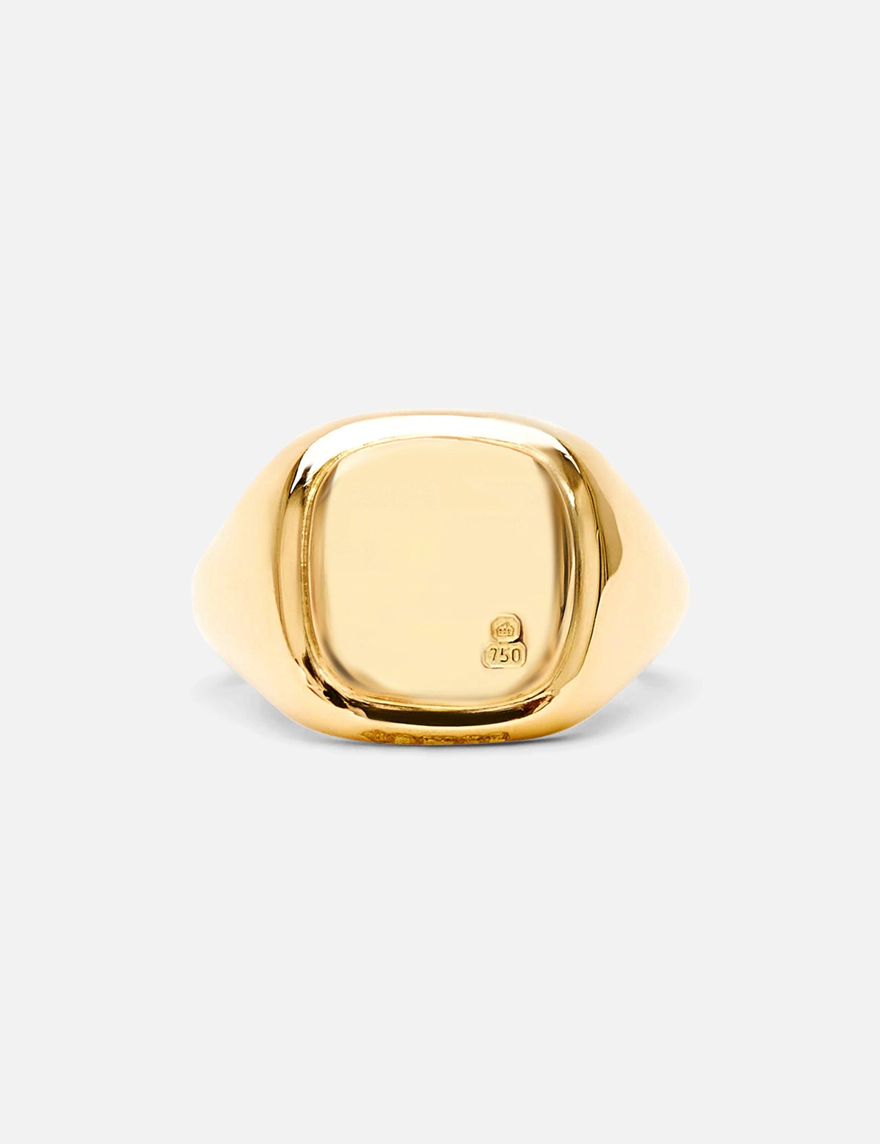 The BUNNEY Mini Cushion Signet Ring, crafted in yellow gold with a smooth, square-shaped face and a subtle hallmark near the edge, is displayed against a plain light background.