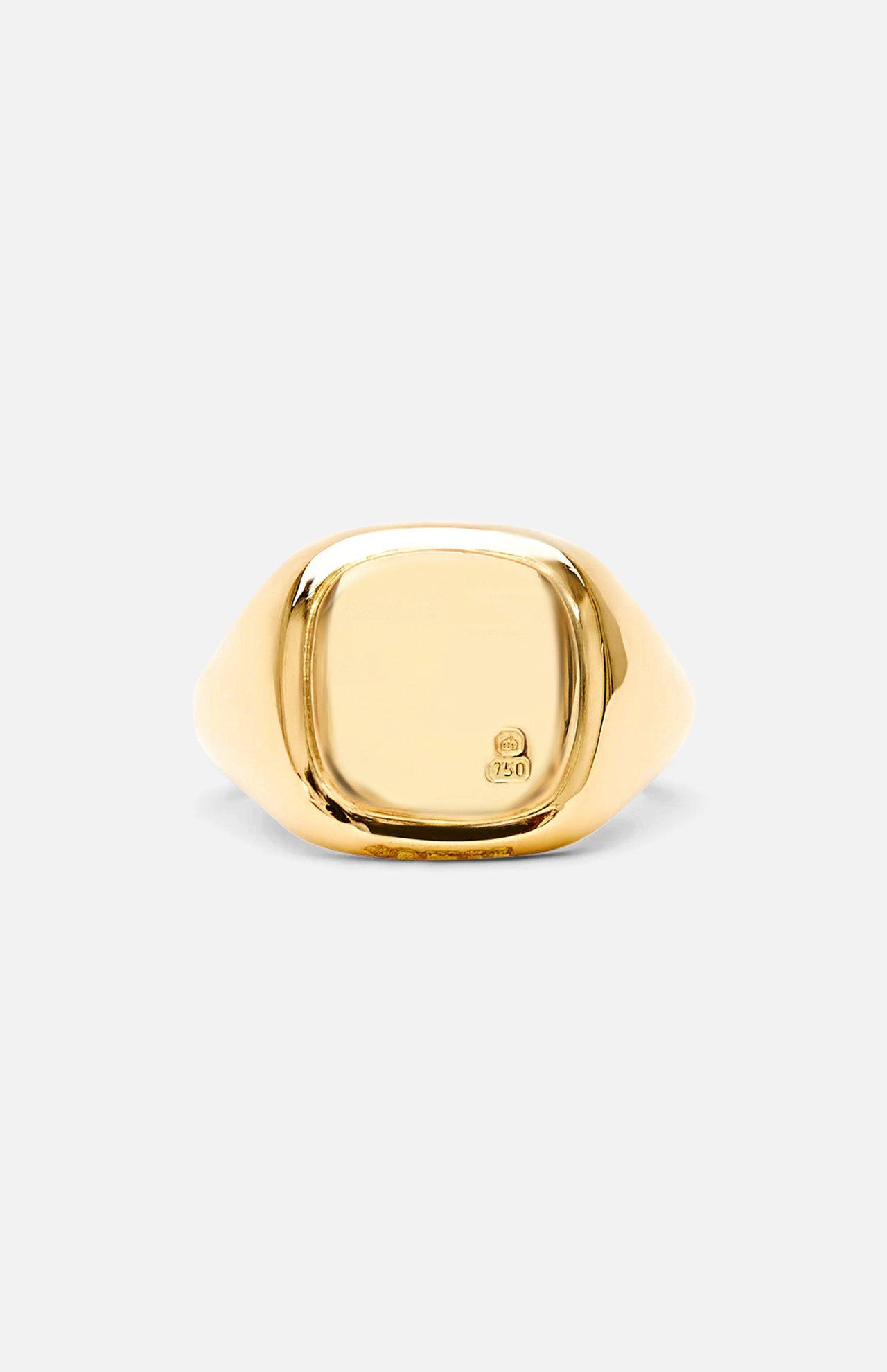 The BUNNEY Mini Cushion Signet Ring, crafted in yellow gold with a smooth, square-shaped face and a subtle hallmark near the edge, is displayed against a plain light background.