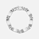 The BUNNEY Mini ID Bracelet features sterling silver rectangular links with small engraved symbols, a polished finish, and a clasp closure, shown against a plain white background.