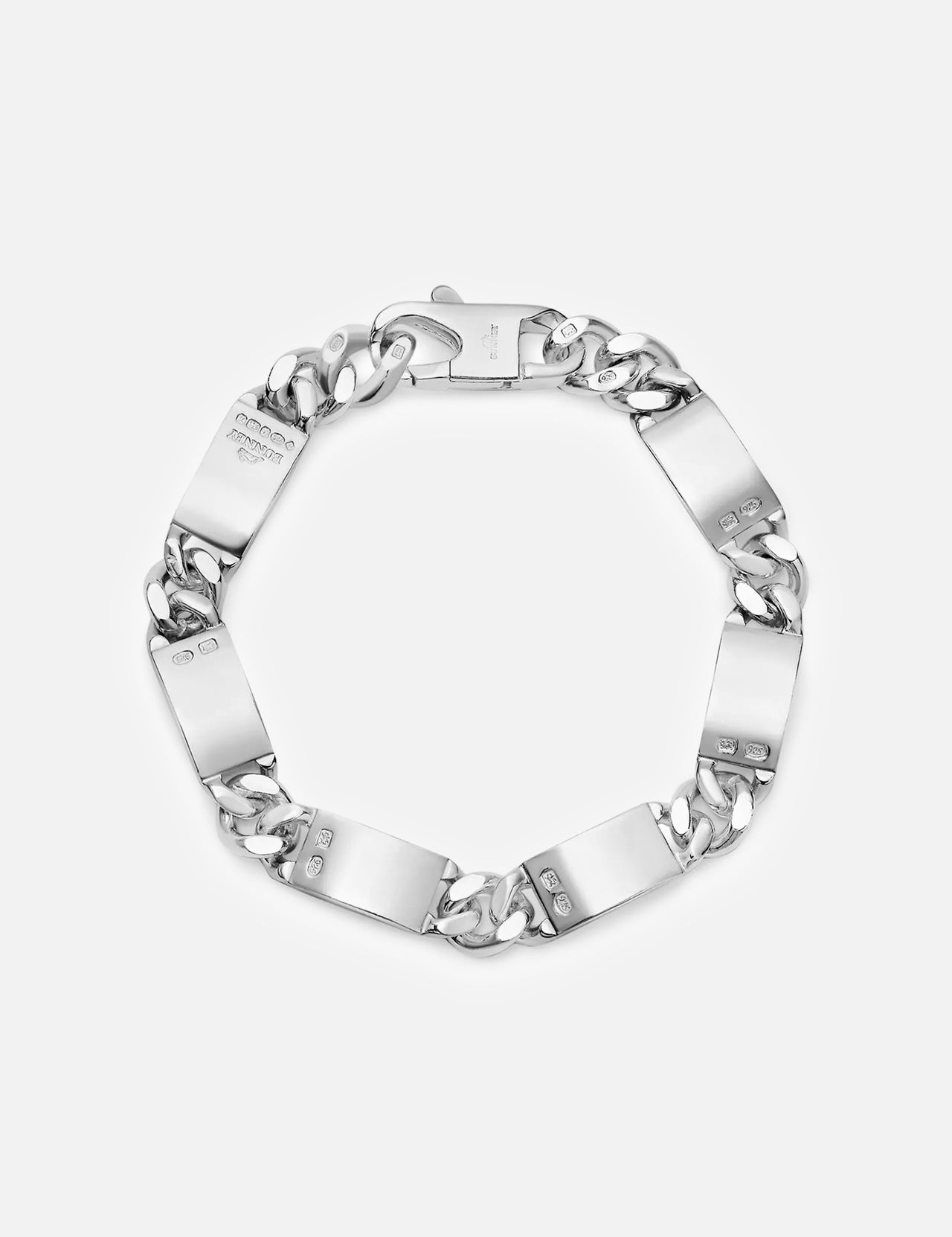 The BUNNEY Mini ID Bracelet features sterling silver rectangular links with small engraved symbols, a polished finish, and a clasp closure, shown against a plain white background.