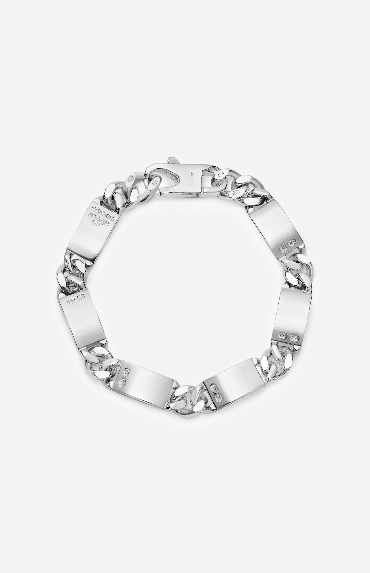 The BUNNEY Mini ID Bracelet features sterling silver rectangular links with small engraved symbols, a polished finish, and a clasp closure, shown against a plain white background.