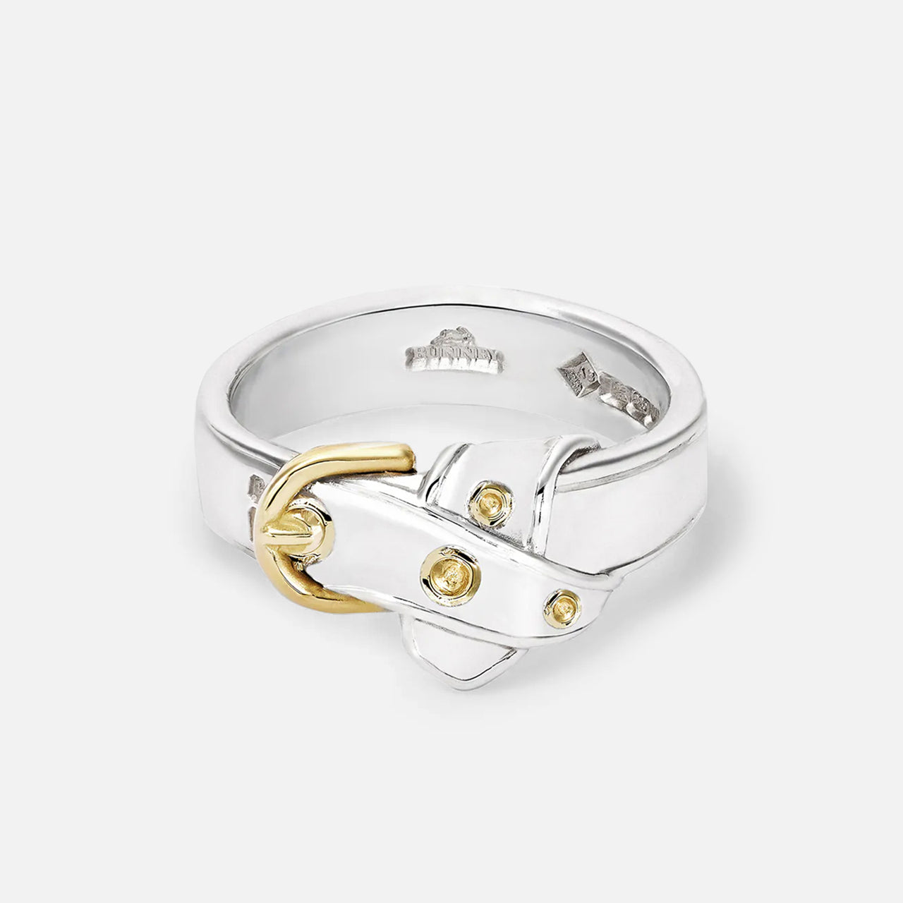 The BUNNEY Precious Wares Belt Ring features sterling silver with gold-accented buckle and rivets, elegantly presented on a plain white background.