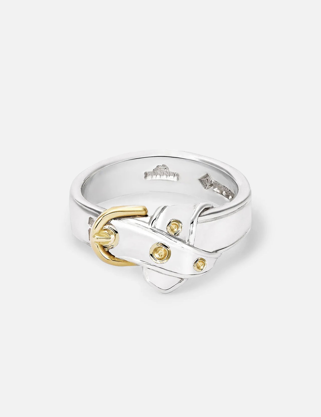 The BUNNEY Precious Wares Belt Ring features sterling silver with gold-accented buckle and rivets, elegantly presented on a plain white background.