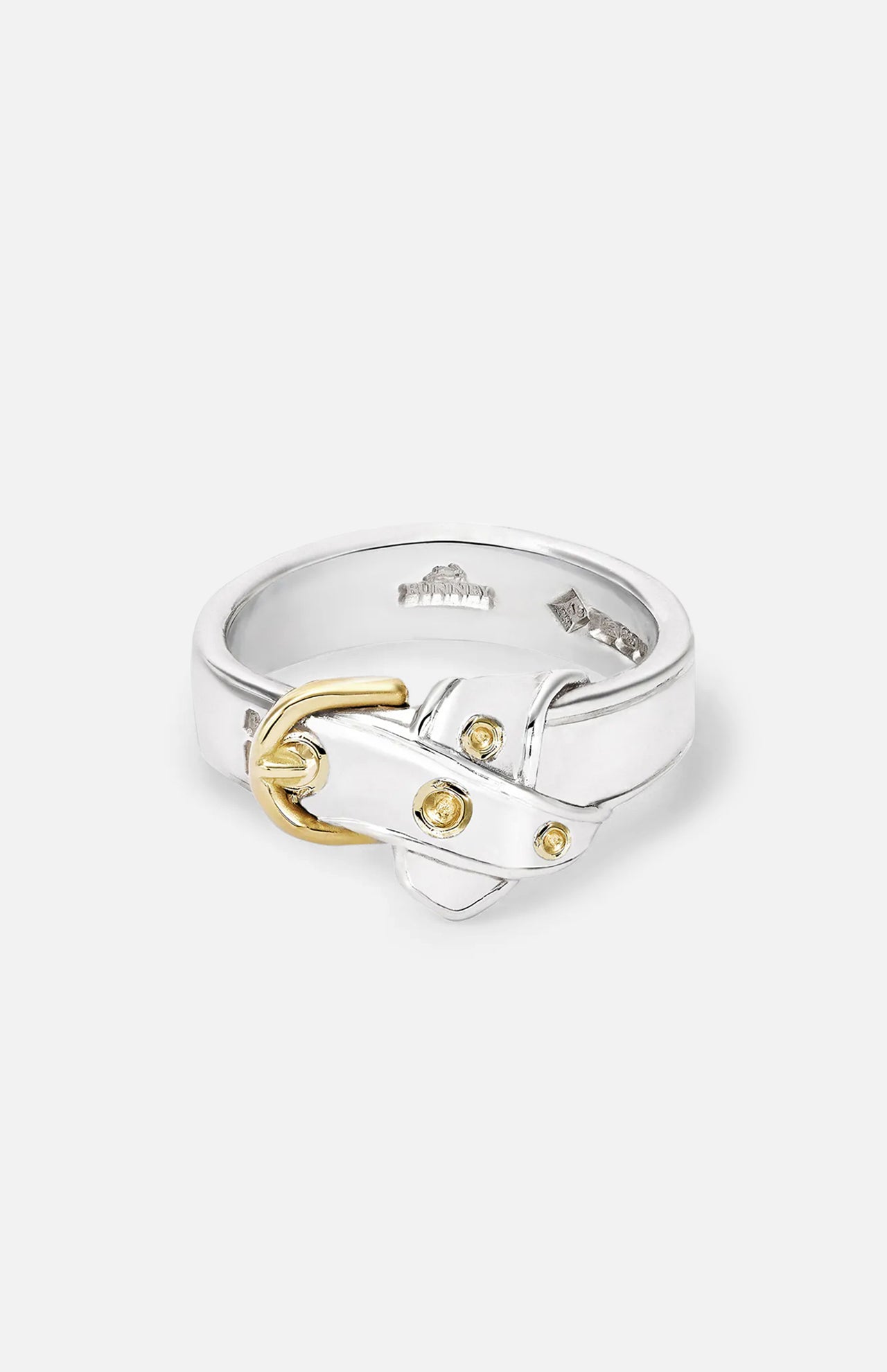 The BUNNEY Precious Wares Belt Ring features sterling silver with gold-accented buckle and rivets, elegantly presented on a plain white background.