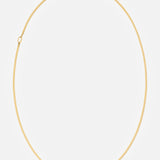 The BUNNEY Simple Chain Necklace 20" features a thin yellow gold design with a simple clasp, made in the UK and elegantly displayed in a circular form on a plain white background.