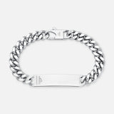 The BUNNEY Single Tour Identity Chain Bracelet features a flat, engraved logo plate, thick interlocking links, a clasp closure, and a polished sterling silver finish.