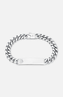 The BUNNEY Single Tour Identity Chain Bracelet features a flat, engraved logo plate, thick interlocking links, a clasp closure, and a polished sterling silver finish.