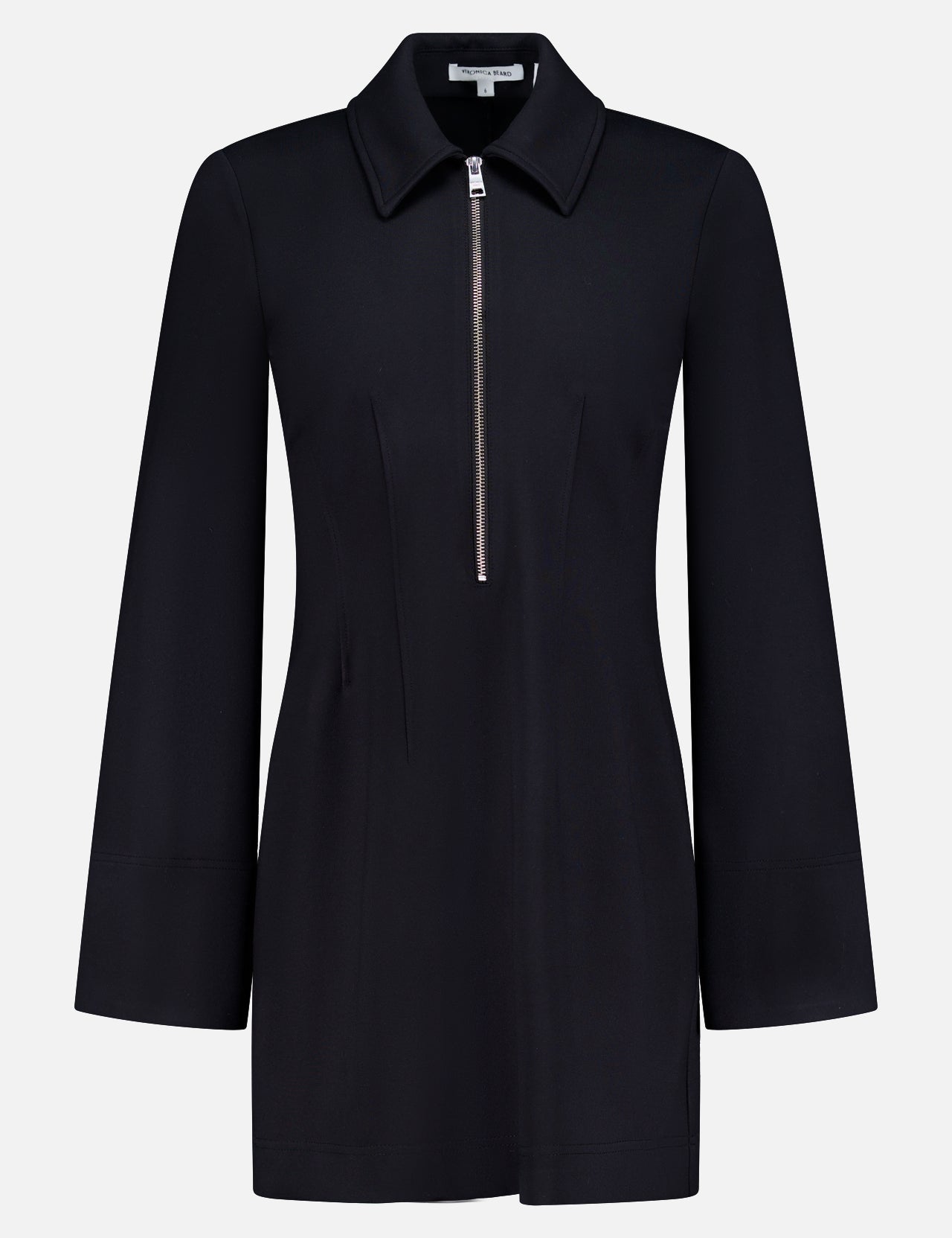 The Capelle Stretch Mini Dress by VERONICA BEARD is a black, long-sleeve mini dress with a pointed collar and front half-zip, featuring a tailored silhouette and minimalist design for an effortlessly sporty look.