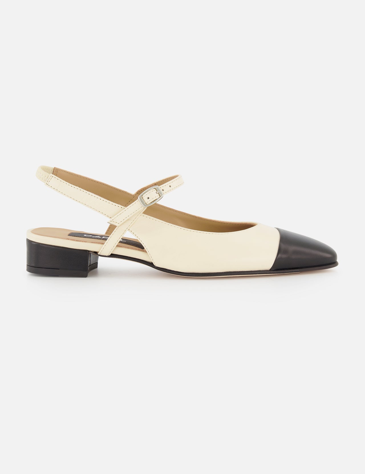 The CAREL Oceano Slingback Shoe is a beige and black leather heel with a cream body, pointed black toe, low heel, and ankle strap with buckle—French-inspired elegance shown on a simple white background.