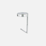A modern, round, chrome showerhead with a perpendicular arm is isolated on a plain white background, echoing the sleek design of the Carrie Purse Hook in Silver by CARRIE ATELIER—ideal for an elegant home spa retreat.