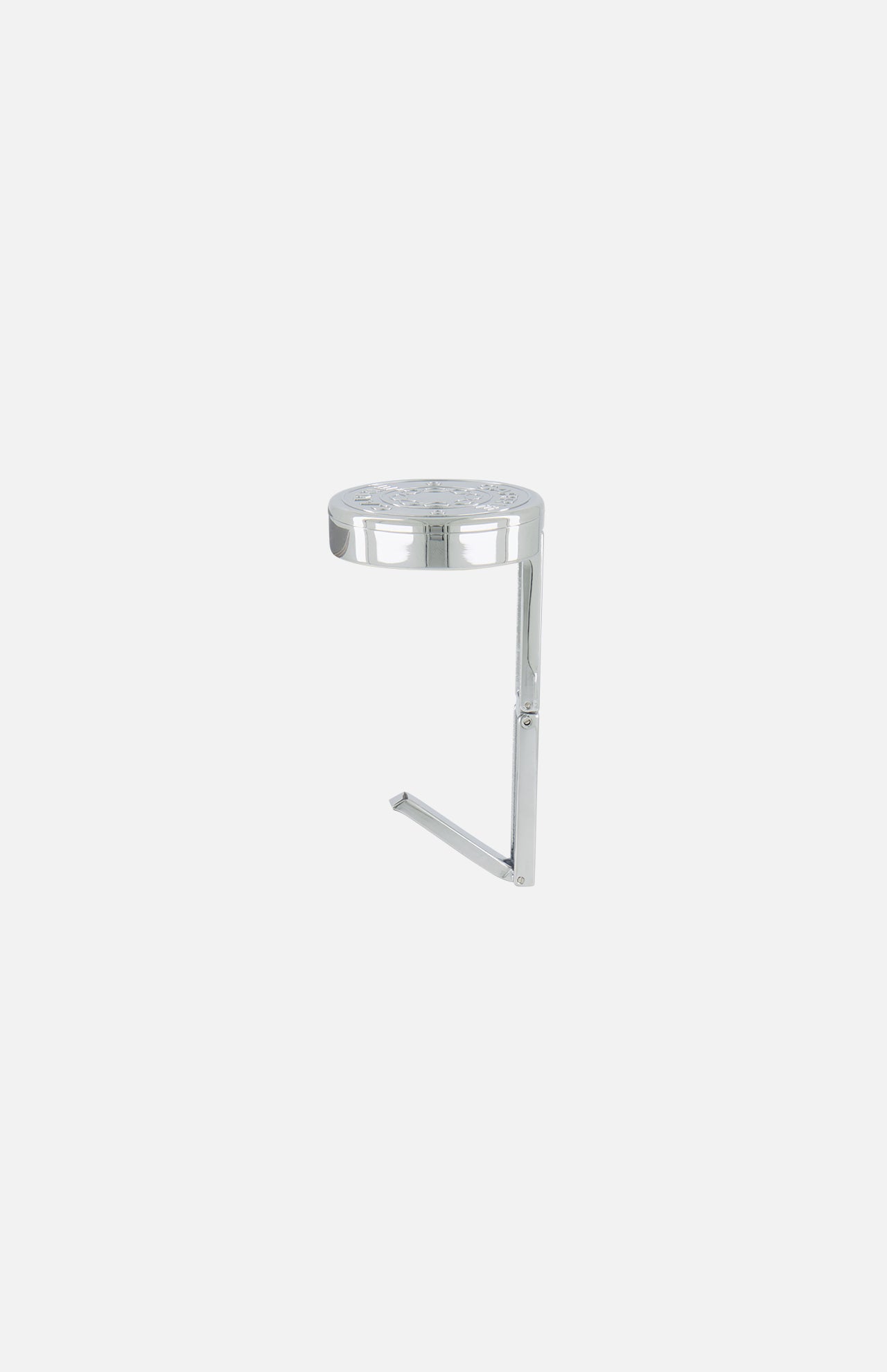 A modern, round, chrome showerhead with a perpendicular arm is isolated on a plain white background, echoing the sleek design of the Carrie Purse Hook in Silver by CARRIE ATELIER—ideal for an elegant home spa retreat.