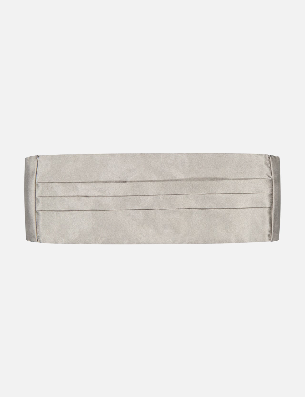 The CARROT & GIBBS Satin Cummerbund in light gray features horizontal pleats and is shown against a white background, making it an ideal formalwear accessory for special occasions.