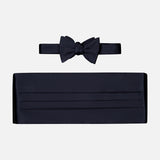The CARROT & GIBBS Cummerbund Bowtie Set, featuring black satin, ideal for formalwear, is displayed on a plain white background.