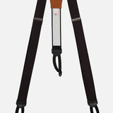 CARROT & GIBBS Satin Suspenders feature black satin with adjustable straps, leather top-center detailing, and button loops. Handcrafted for formal wear, these suspenders are shown against a plain white background.