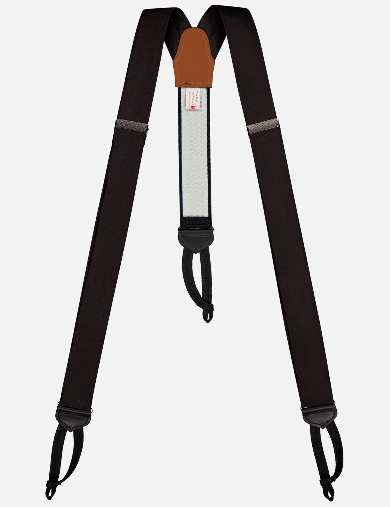 CARROT & GIBBS Satin Suspenders feature black satin with adjustable straps, leather top-center detailing, and button loops. Handcrafted for formal wear, these suspenders are shown against a plain white background.